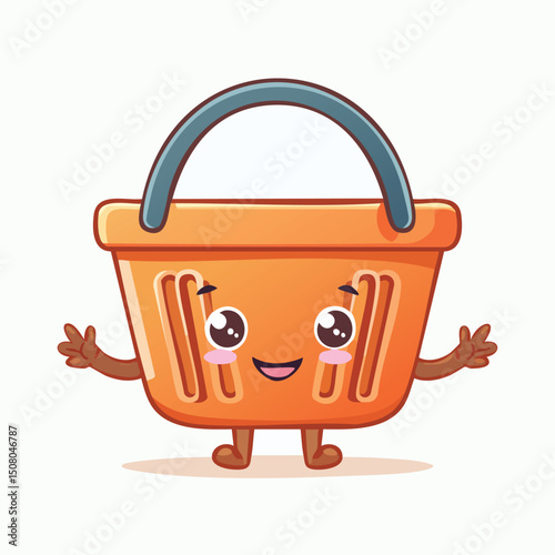 Plastic basket in cute cartoon character style with expressive face and limbs.