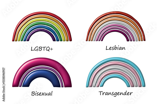 Set of colorful 3d LGBTQ+ pride flag rainbows Gender equality and sexual identity pride flags collection LGBTQIA community pride month