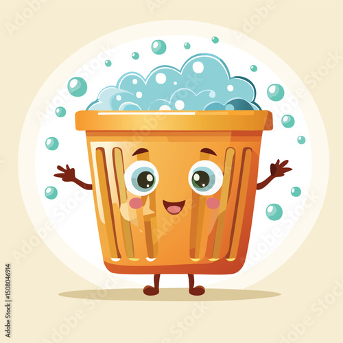 Laundry hamper in cute cartoon character style with expressive face and limbs.