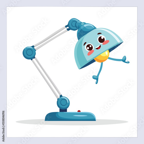 Desk lamp in cute cartoon character style with expressive face and limbs.