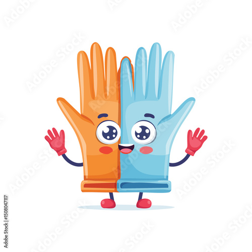Rubber gloves in cute cartoon character style with expressive face and limbs.