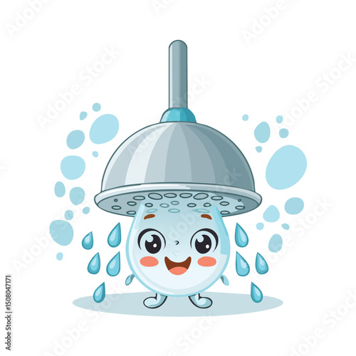 Shower head in cute cartoon character style with expressive face and limbs.