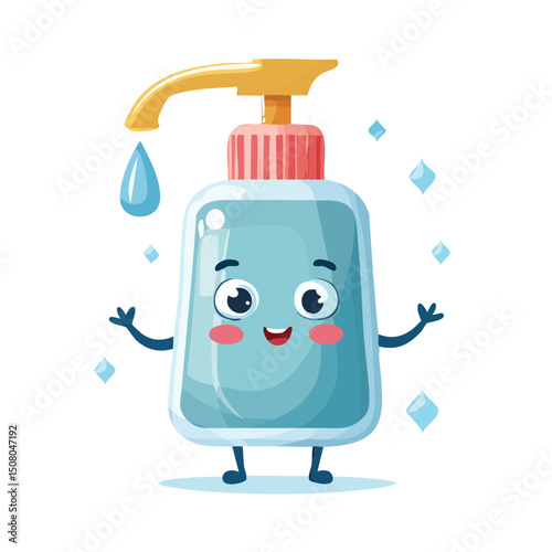 Soap dispenser in cute cartoon character style with expressive face and limbs.