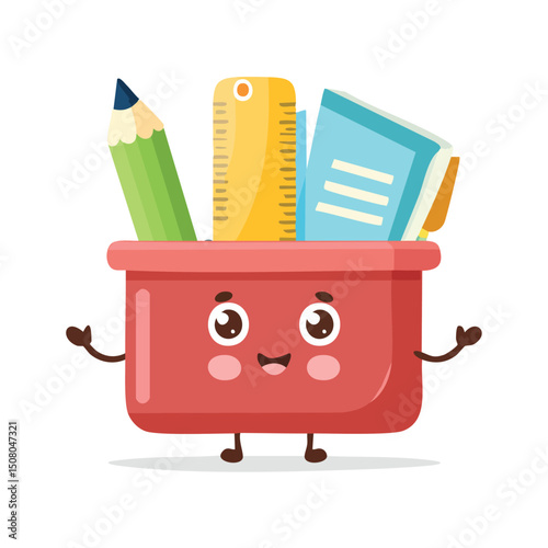 Desk organizer in cute cartoon character style with expressive face and limbs.