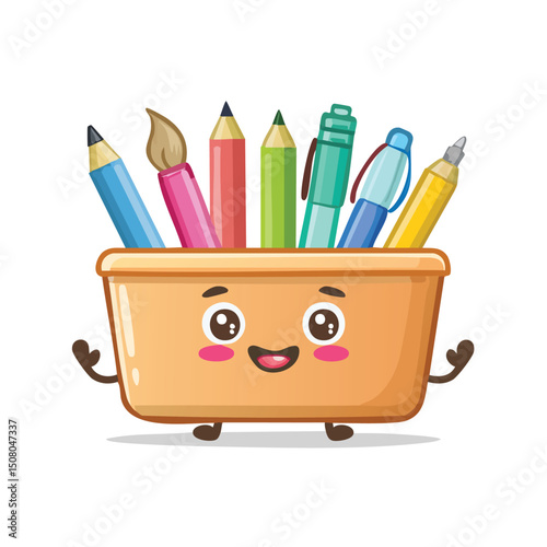 Pen tray in cute cartoon character style with expressive face and limbs.