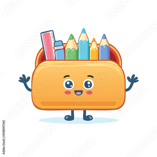 Pencil case in cute cartoon character style with expressive face and limbs.