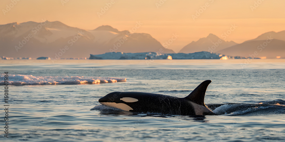 Fototapeta premium Orca Whale Swimming in Arctic Waters at Sunset 