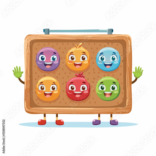 Bulletin board in cute cartoon character style with expressive face and limbs.