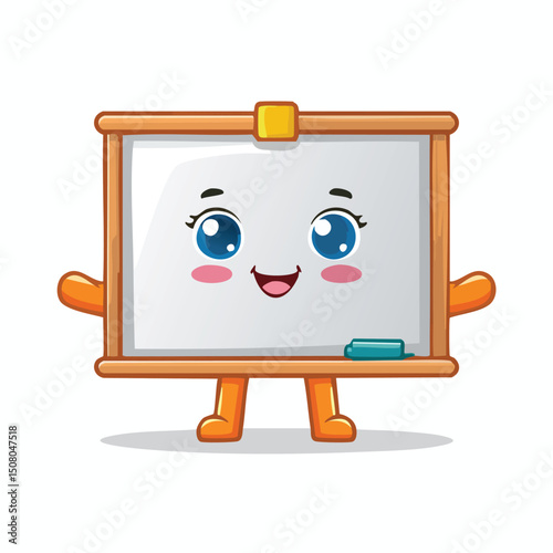 Whiteboard in cute cartoon character style with expressive face and limbs.