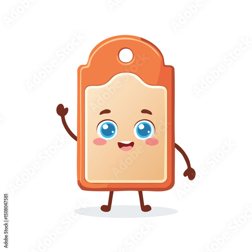 Name tag in cute cartoon character style with expressive face and limbs.