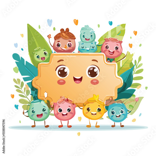 Nameplate in cute cartoon character style with expressive face and limbs.