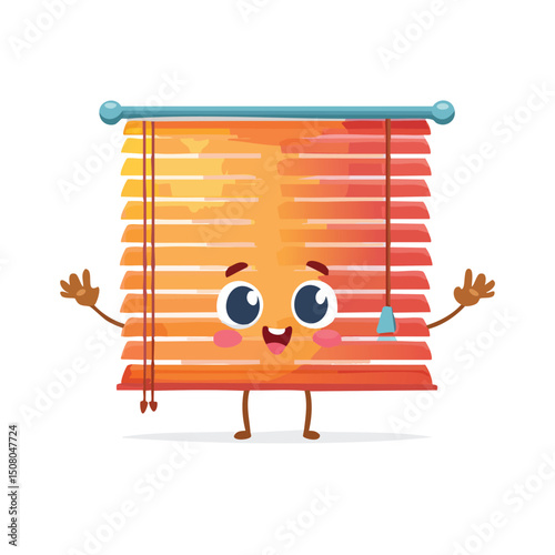 Window blind in cute cartoon character style with expressive face and limbs.