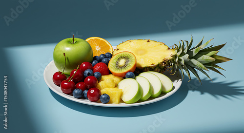 Fresh Fruit Platter Pineapple Apple Kiwi Berries Healthy Snack Summer
