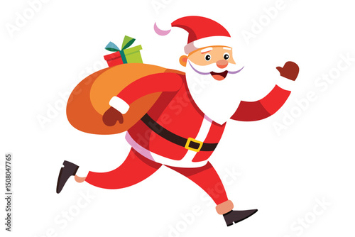 Smiling Santa Claus runs while carrying gifts in his sack over his shoulder