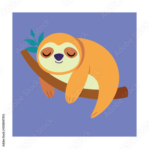 Cute cartoon sloth resting peacefully on a tree branch against a pastel purple backdrop
