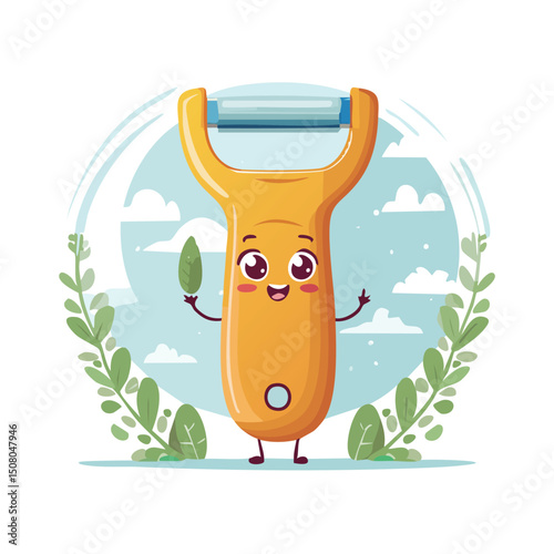 Vegetable peeler in cute cartoon character style with expressive face and limbs.