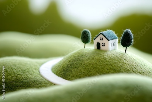 Idyllic miniature house on green felt hills