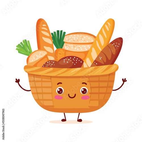 Bread basket in cute cartoon character style with expressive face and limbs.