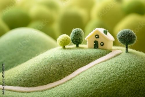 Idyllic felt landscape miniature house scene
