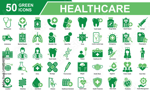 Healthcare Icon Set Collection. Containing Stethoscope, Healthcare, Pill Bottle, Health Call, Medicine, Emergency, Hospital, Doctor, Ambulance, Injury, Shoulder Pain. Simple Green Vector Illustration.