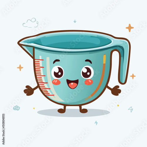 Measuring bowl in cute cartoon character style with expressive face and limbs.