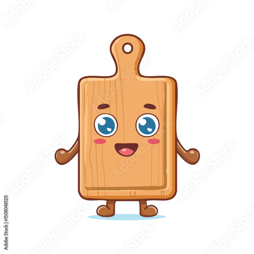 Chopping board in cute cartoon character style with expressive face and limbs.