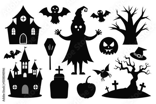 Spooky black silhouettes of a haunted house, bats, ghost, and creepy trees appear