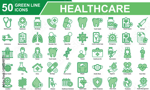 Healthcare Icon Set Collection. Containing Stethoscope, Healthcare, Pill Bottle, Health Call, Medicine, Emergency, Hospital, Doctor, Ambulance, Shoulder Pain. Simple Green Line Vector Illustration.