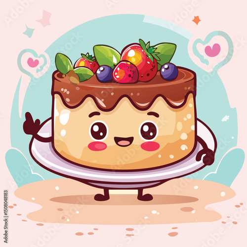 Dessert plate in cute cartoon character style with expressive face and limbs.