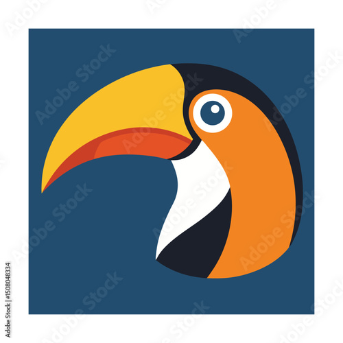Flat design illustration of a vibrant colorful toucan bird profile on a blue background