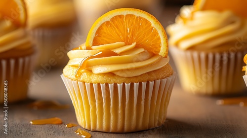 Close-up of an orange-flavored cupcake with a slice of orange.