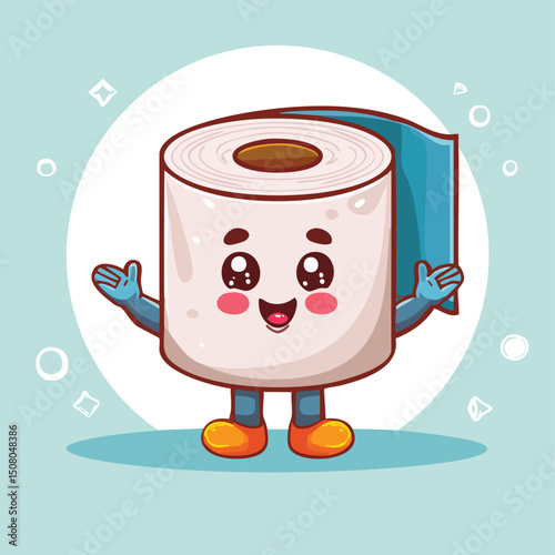Toilet paper holder in cute cartoon character style with expressive face and limbs.