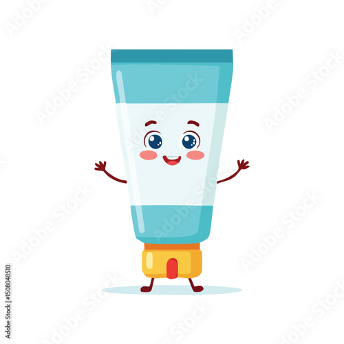 Toothpaste tube in cute cartoon character style with expressive face and limbs.