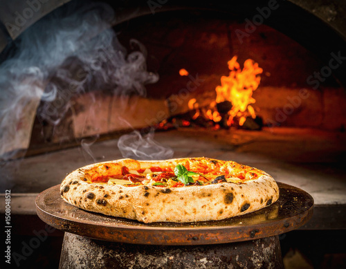 A dramatic image of a freshly baked pizza placed on a stone in front of a burning brick oven