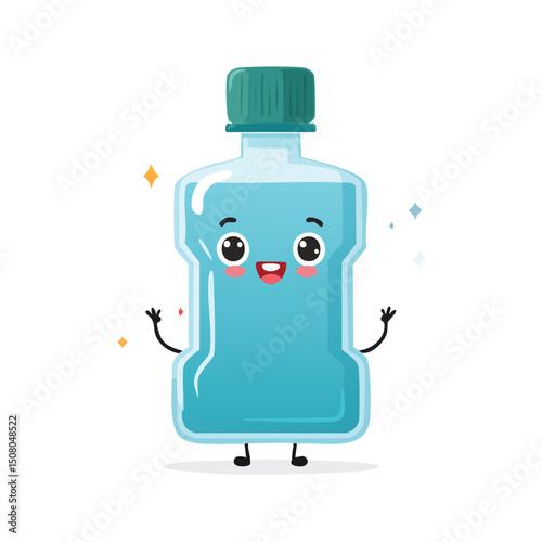 Mouthwash bottle in cute cartoon character style with expressive face and limbs.