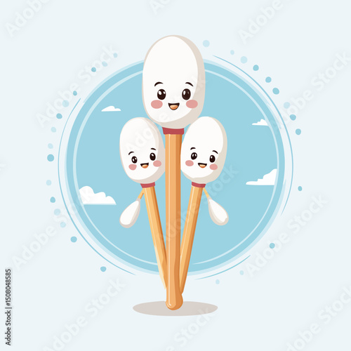 Cotton swab in cute cartoon character style with expressive face and limbs.