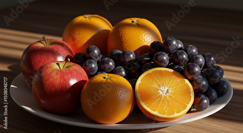Fresh Juicy Oranges Red Apples and Dark Grapes on a Plate in Sunlight