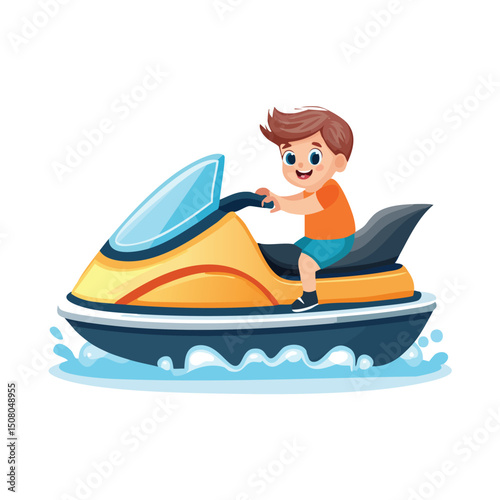 Jet ski in cute cartoon character style with expressive face and limbs.