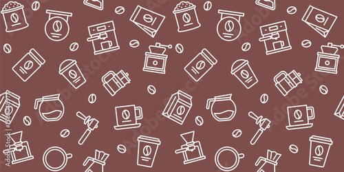 Coffee Beans and Drink Outline Icon Pattern on Brown Background - Seamless Vector Design for Cafe, Barista, and Coffee Shop