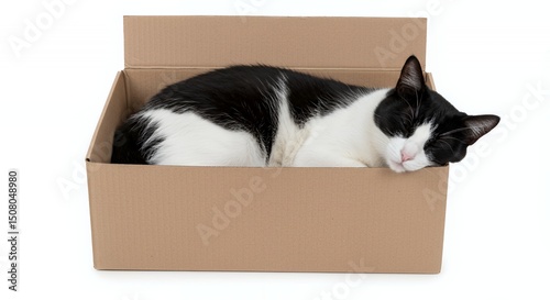 Peaceful Tuxedo Cat Comfortably Sleeping Inside Brown Cardboard Box Isolated on White Background Showcase Domestic Feline in Restful Pose Perfect for Pet Care Themes