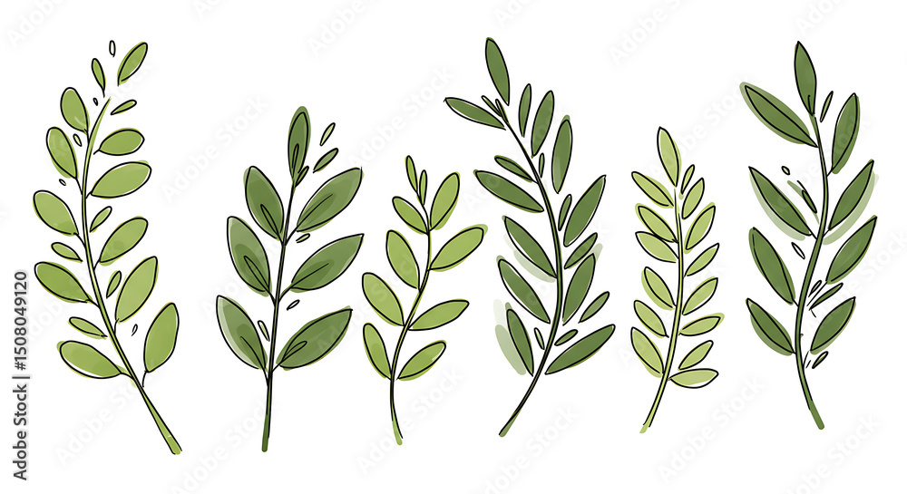 Fototapeta premium Hand drawn Green Botanical Illustrations Set of Six Delicate Watercolor Leaves Perfect for