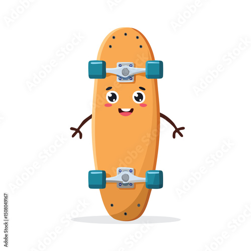 Skateboard in cute cartoon character style with expressive face and limbs.