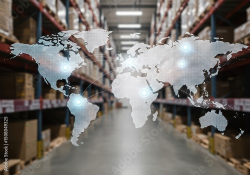Global logistics network shown with world map overlay on warehouse photo