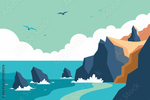Vector illustration of a rocky seaside cliffs with crashing waves