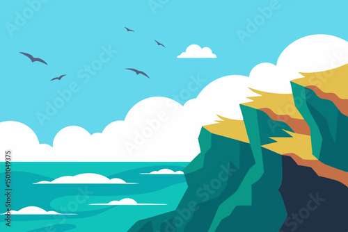 Vector illustration of a rocky seaside cliffs with crashing waves