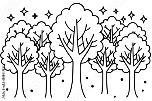 Starry sky shines above the whimsical black and white outlined trees in the forest