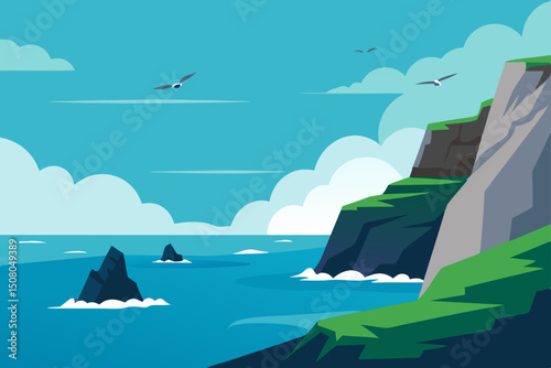 Vector illustration of a rocky seaside cliffs with crashing waves