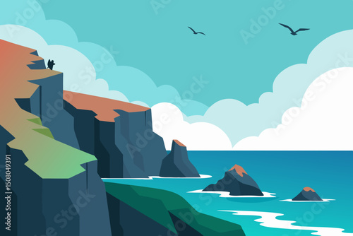 Vector illustration of a rocky seaside cliffs with crashing waves