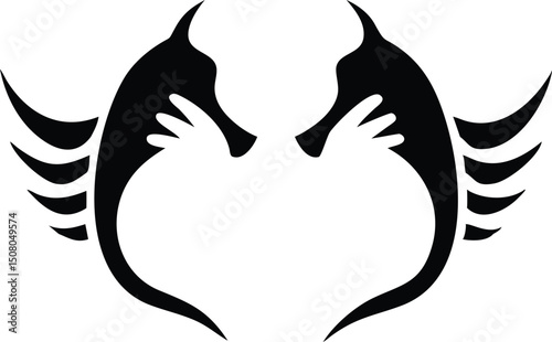 Symmetrical seahorse creatures, facing each other, reveal a stylized heart silhouette in black vector