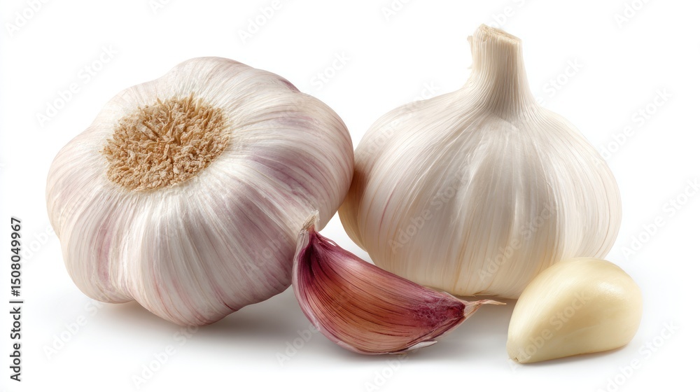 Two garlic bulbs and cloves isolated on a white background close up.